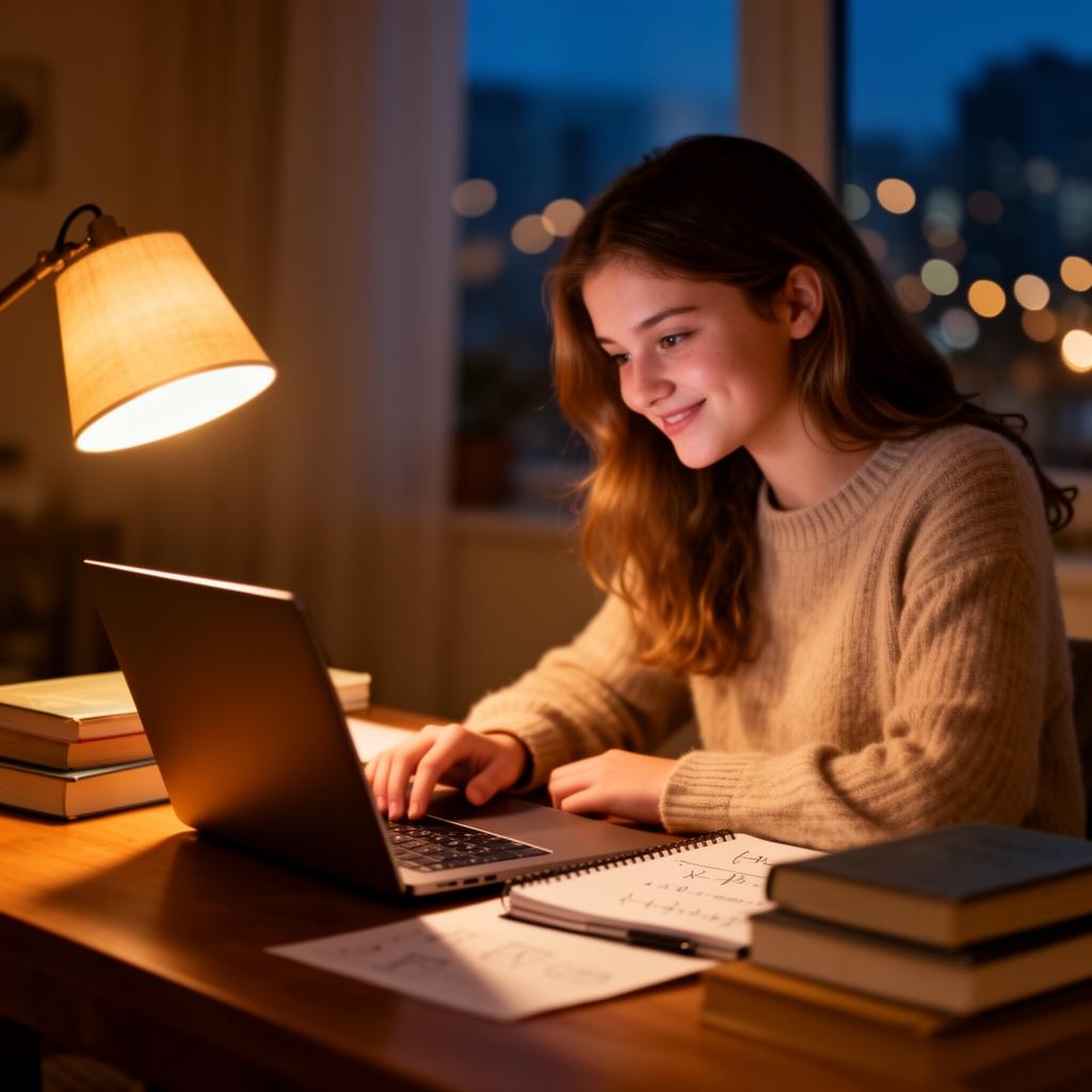 Student studying Cambridge 0580 mathematics on her laptop